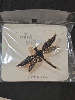 Mint Gold Dragonfly Brooch with Black Stones